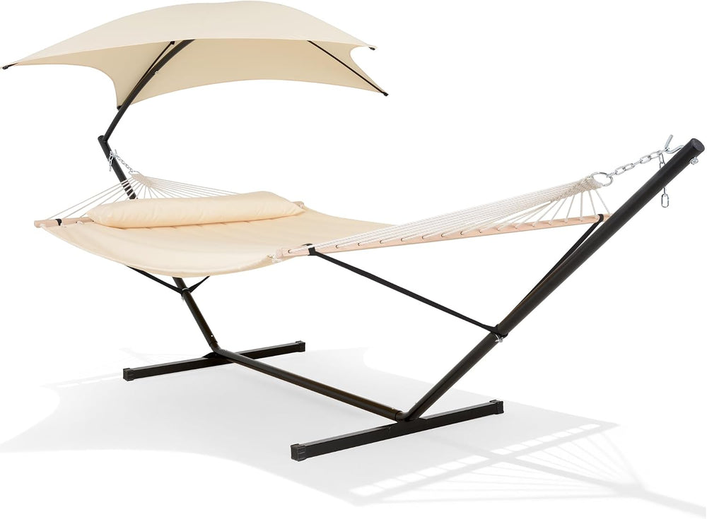 Portable Outdoor Hammock with Stand, Sun-Protective Canopy, Beige