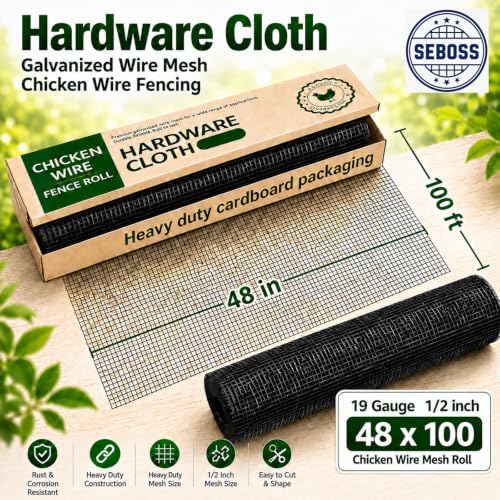 Hardware Cloth 1/2 inch Chicken Wire Fencing 48 x 100 Ft 19-Gauge | Black Vin...
