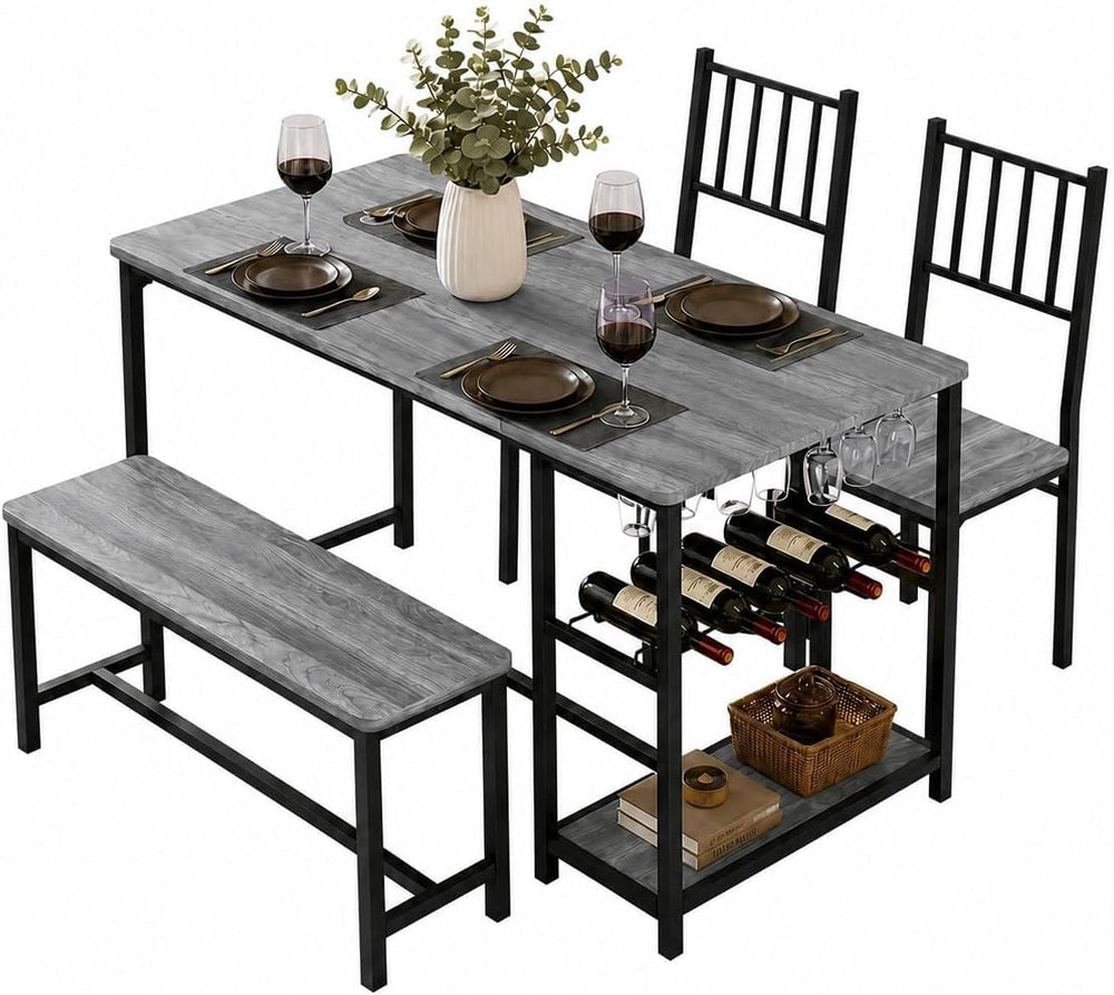 4 EVER WINNER 55-Inch Dining Table Set for 4 with Bench, Wine Rack, Grey