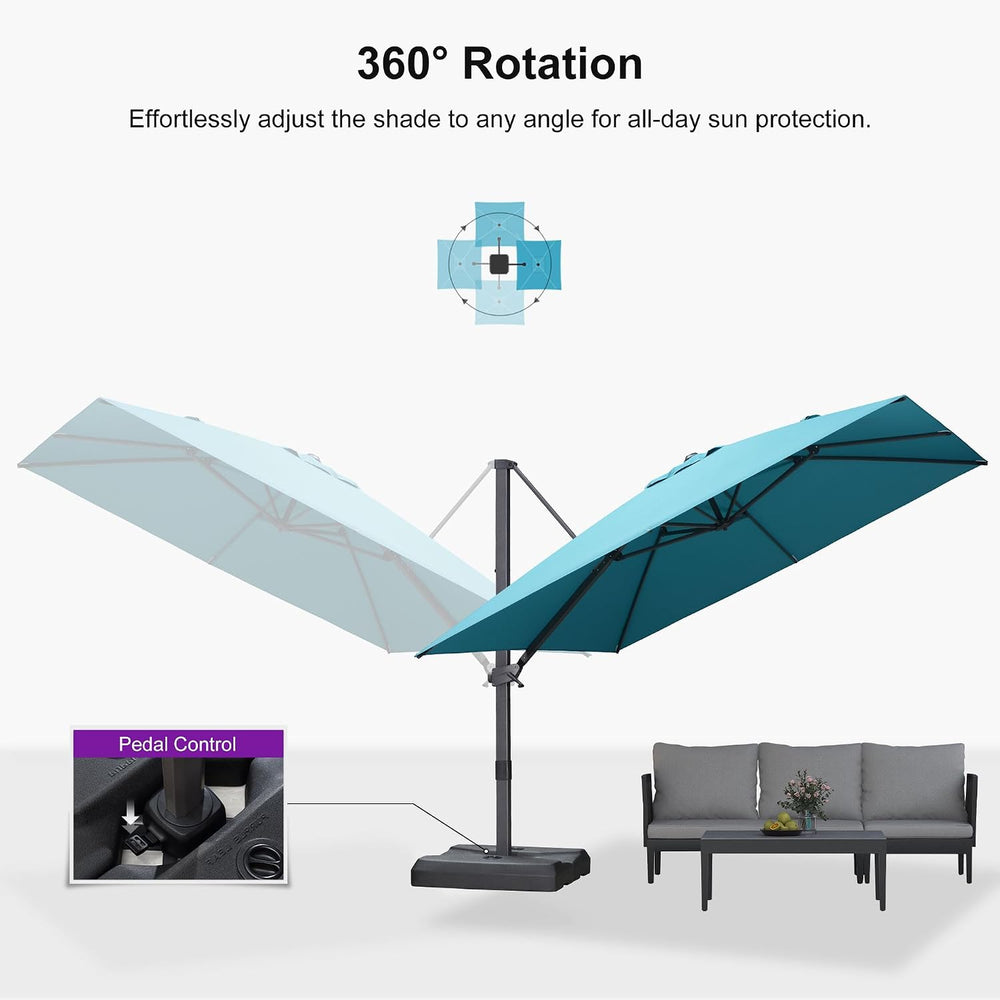 PURPLE LEAF Outdoor Cantilever Umbrella 10' x 10' with Base Turquoise...
