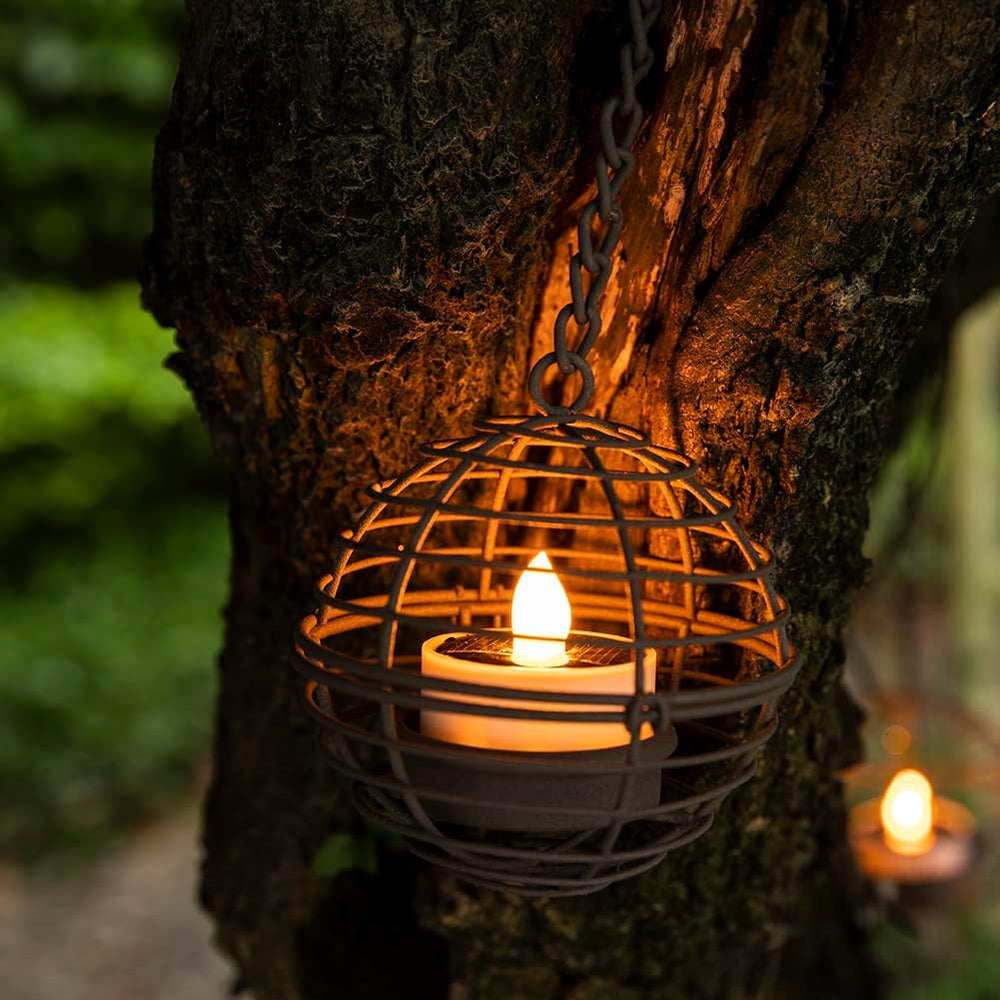 Solar Hanging Lanterns Outdoor Waterproof, Rust Iron Ball Candle Holder with ...
