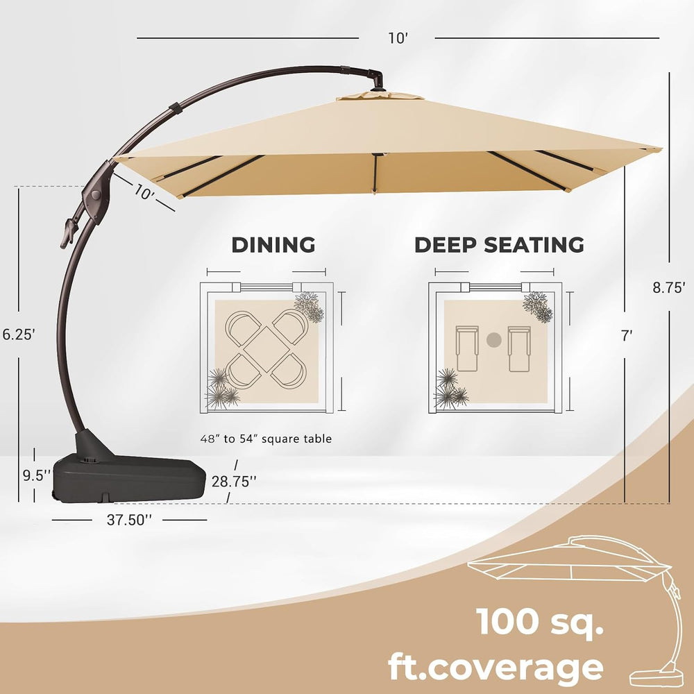 Grand patio 10x10 FT Sunbrella Square Cantilever Umbrella with Base, Flax