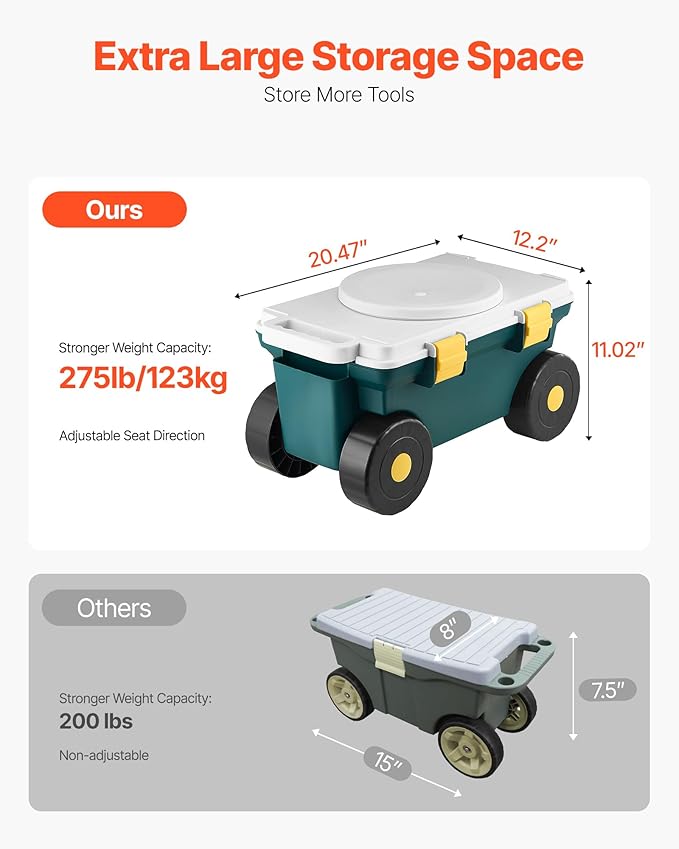 VEVOR Garden Scooter with Seat, 2 in 1 Rolling Garden Cart with Storage Bin, ...
