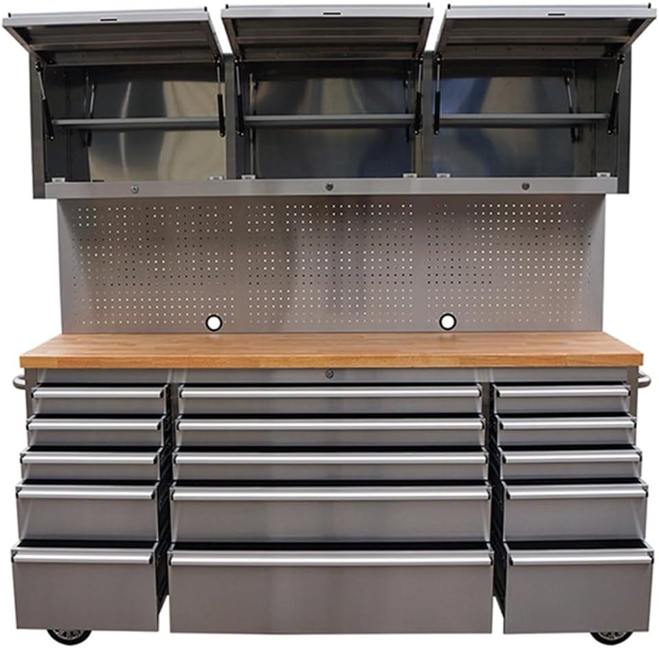 72 inch 15 Drawers Tool Chest with 3 Up Cabinet & Pegboard in Stainless S...