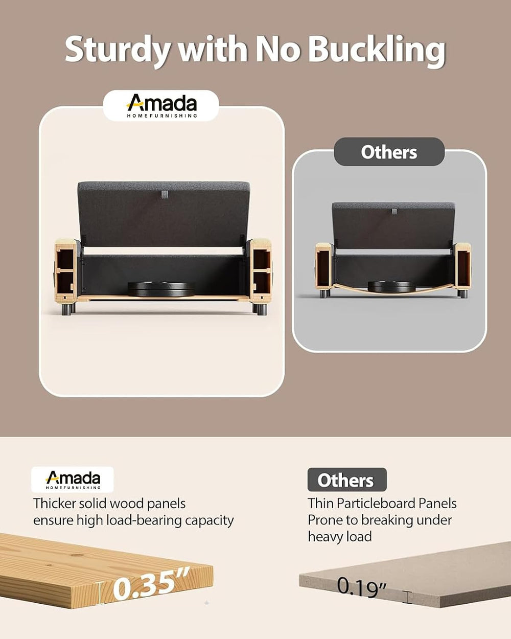 Amada 46" Storage Ottoman Bench, Side Pocket, Safety Hinge, Dark Gray