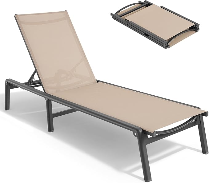 ONBRILL Aluminum Chaise Lounge Chair Outdoor, Foldable & Assembly Free Ou...
