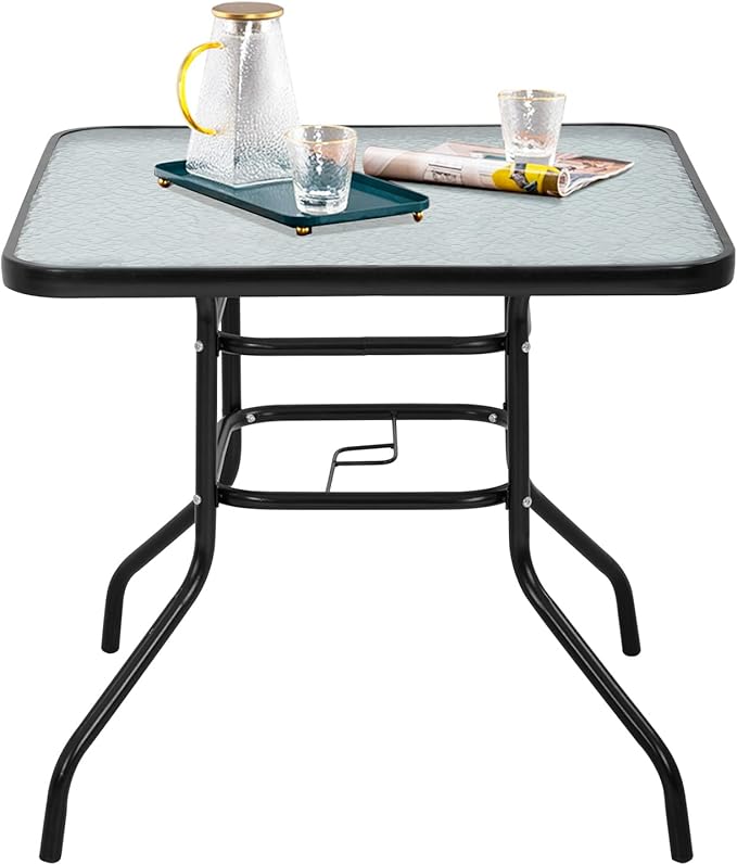 Outdoor Table Patio Table Dining Table with Tempered Glass Umbrella Hole for ...