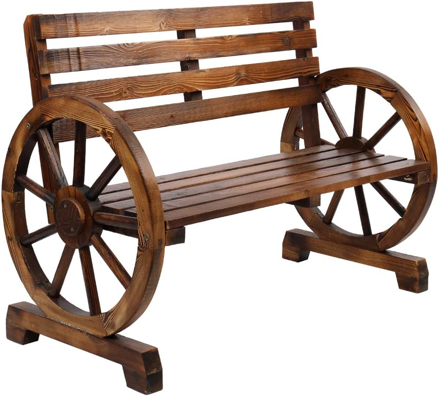 Wooden Wagon Wheel Bench,Rustic 2-Person Wooden Seat Wagon Wheel Bench with S...