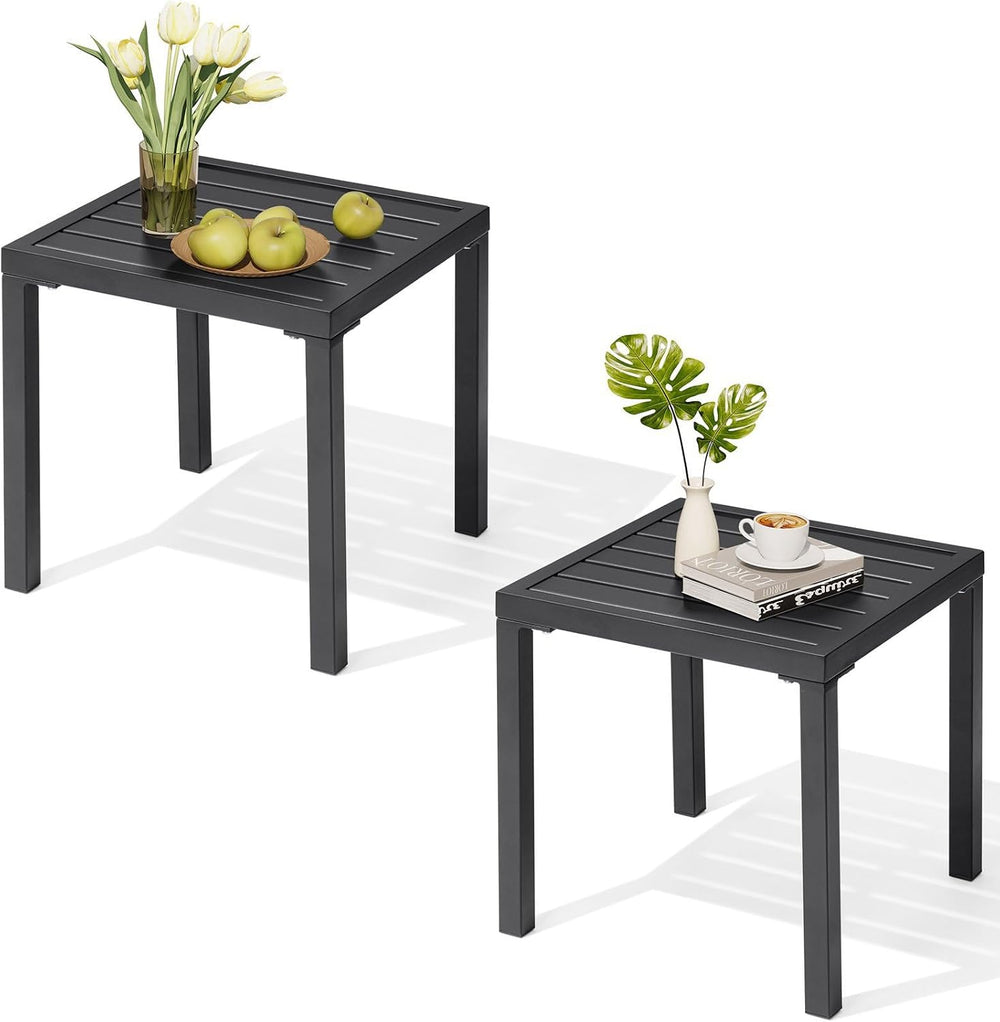 Outdoor Metal Side Table Set of 2, Patio Small Square End Table, Black