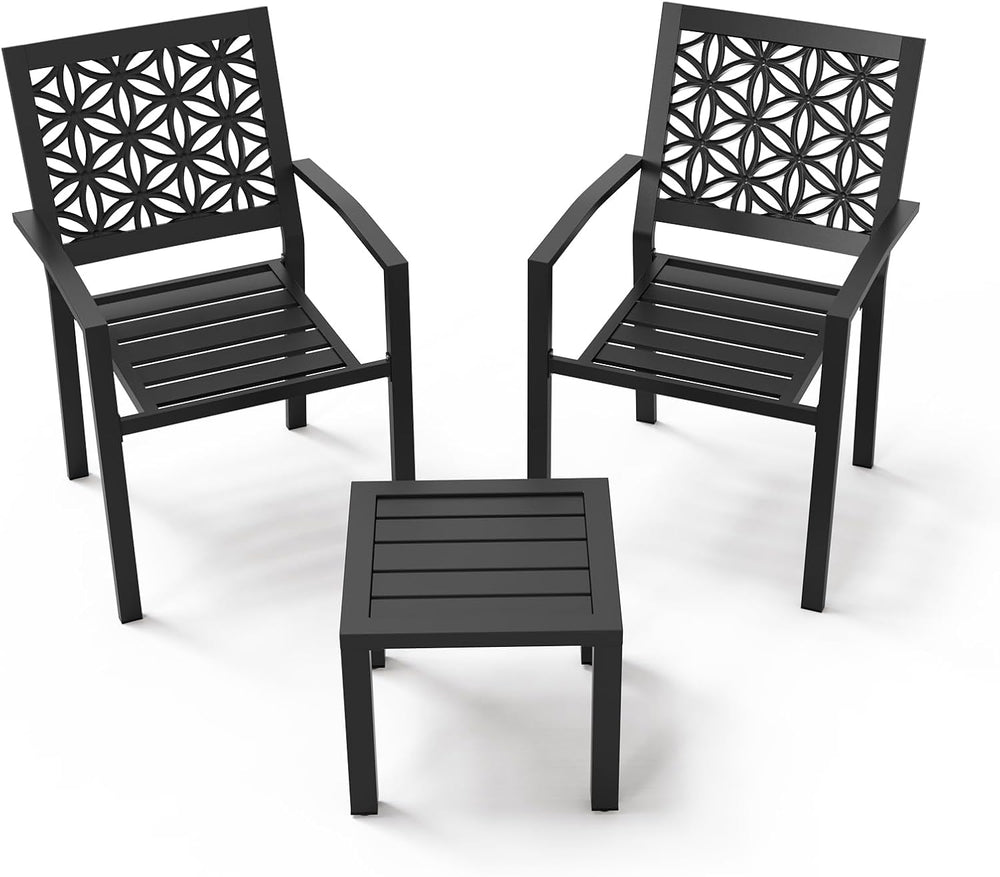VINGLI 3-Piece Outdoor Bistro Set, Stackable Modern Metal Steel Table and Cha...