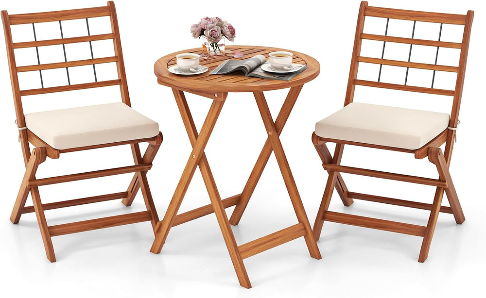 ORALNER 3-Piece Folding Patio Bistro Set, Small Outdoor Acacia Wood Balcony F...