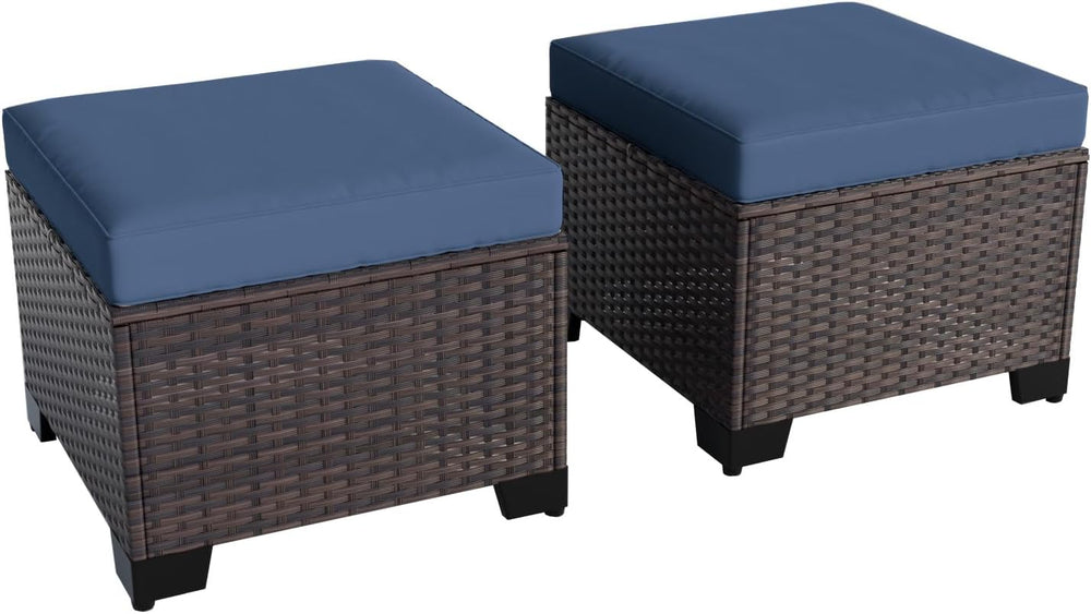 2 Pieces Wicker Ottomans, All Weather Rattan Patio Ottoman with Removable Cus...
