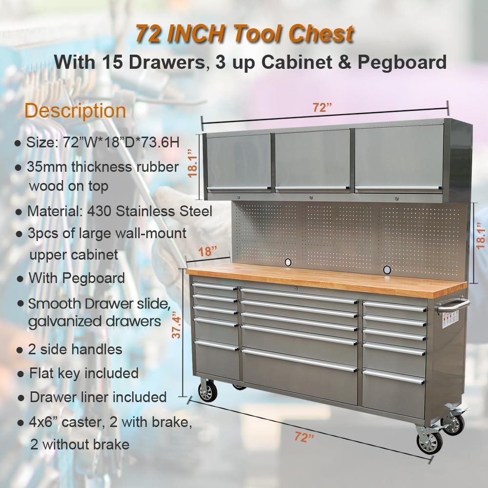 72 inch 15 Drawers Tool Chest with 3 Up Cabinet & Pegboard in Stainless S...