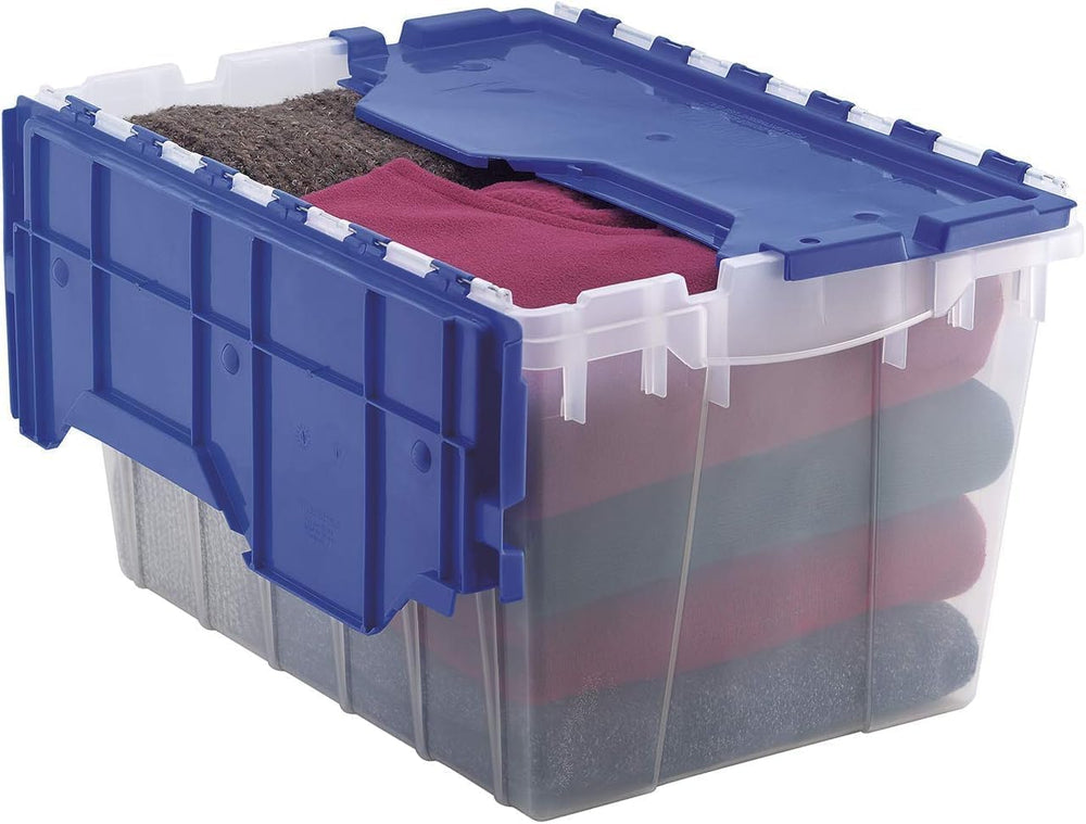 Akro-Mils KeepBox 12 Gallon Stackable Attached-Lid Storage Bin, Clear/Blue