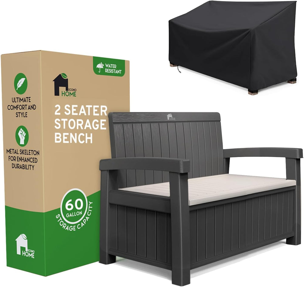 EconoHome 2 Seat Outdoor Storage Bench with Rain Cover - 60 Gallon Capacity -...