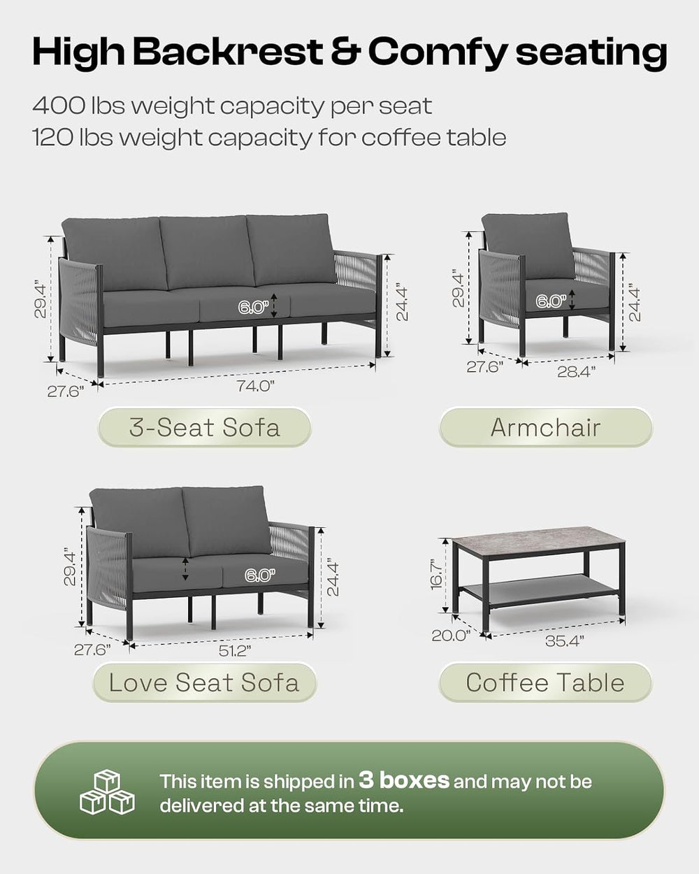 Aluminum Outdoor Patio Furniture Set with Dual-Layer Coffee Table, 4 Piece Mo...