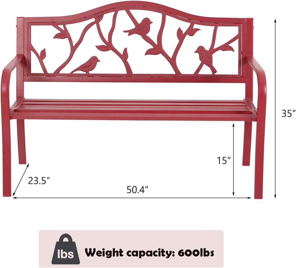 MFSTUDIO 50” Outdoor Garden Bench Cast Iron Metal Bird Pattern Backrest Red