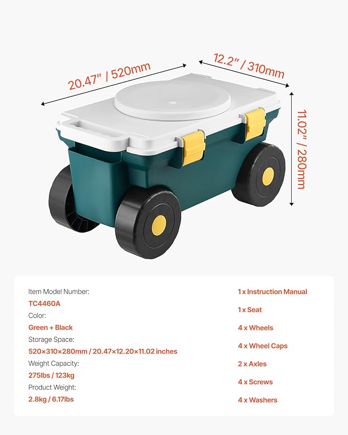 VEVOR Garden Scooter with Seat, 2 in 1 Rolling Garden Cart with Storage Bin, ...