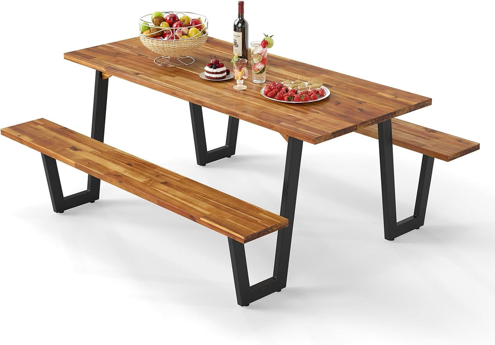 GIANTEX 71" Picnic Table Bench Set for 6-8, Acacia Wood Outdoor Dining T...