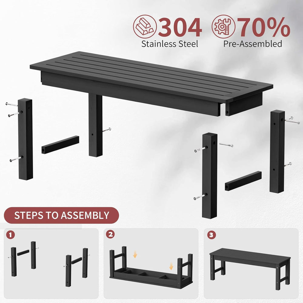47" Backless Outdoor Benches for 2-Person, Black, 2pcs