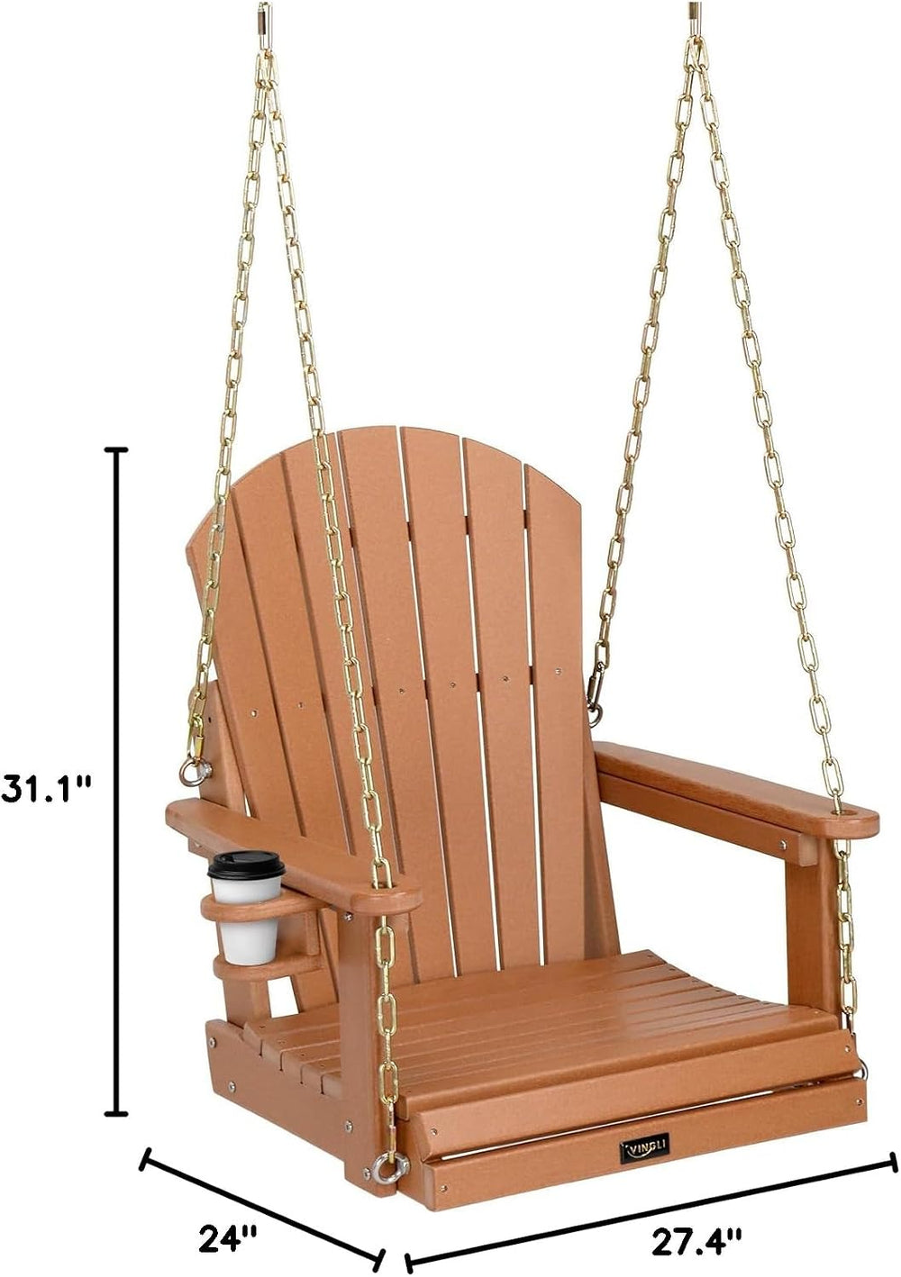 VINGLI 2.2FT HDPE Porch Swing, Patio Swing with Rotatable Cup Holder, Teak