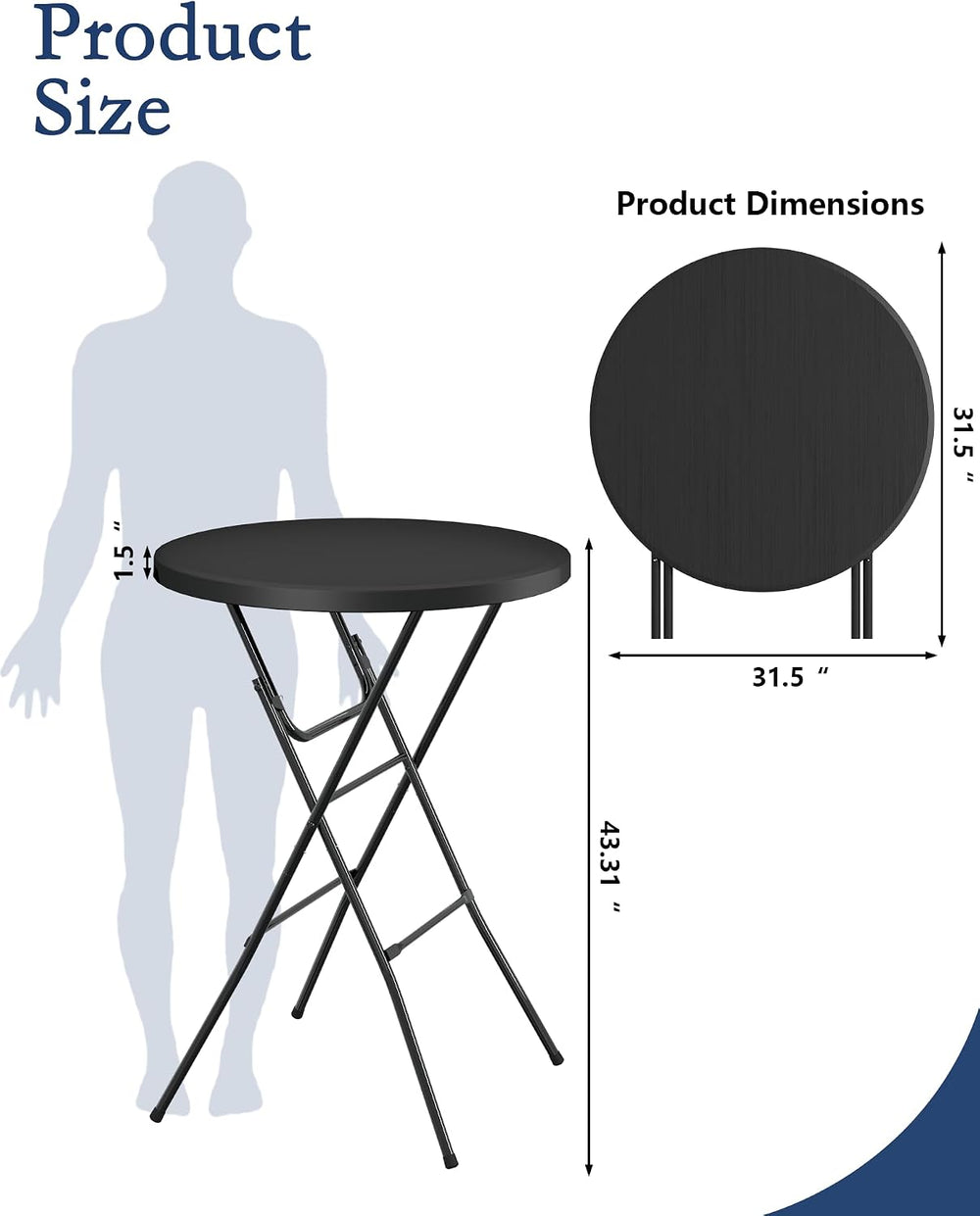 32" Round Folding Table, Plastic Bar Height Tables for Parties, Black