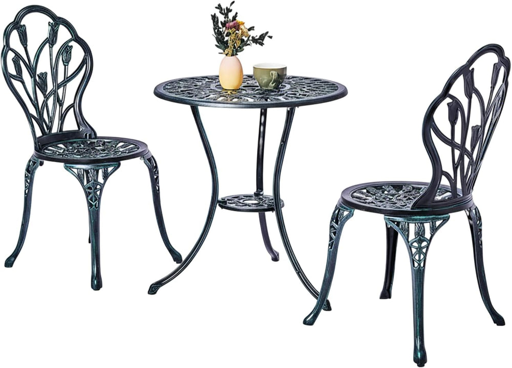 Outvita 3 Piece Cast Aluminum Bistro Set, Tulip Pattern Verdigris