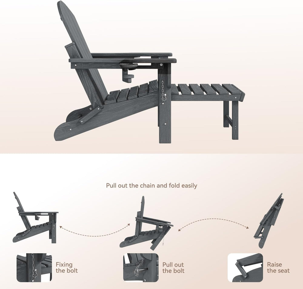 Mdeam HDPE Folding Adirondack Chairs Set of 2, 400 lbs 2 Cup Holders, Grey