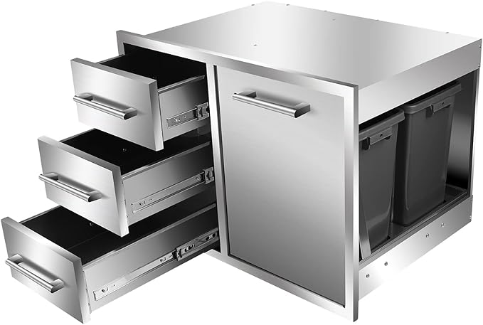Outdoor Kitchen Drawer Combo, BBQ Access Trash Drawer Combo with Triple Stain...
