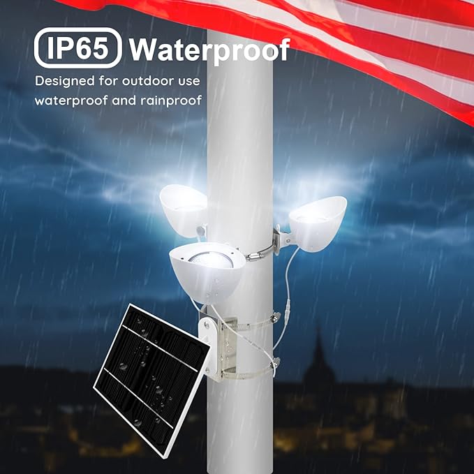 Solar Flag Pole Light, 3 Super-Spotlights LEDs, Adjustable Metal Clamps Fits ...