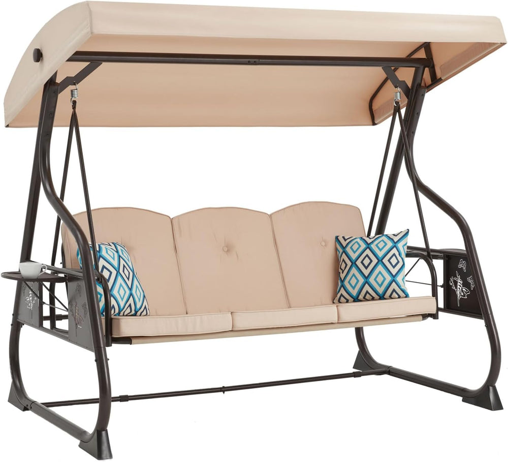 3-Seat Patio Porch Swing 800LBS Outdoor Swing with Stand w/Canopy & Adjus...