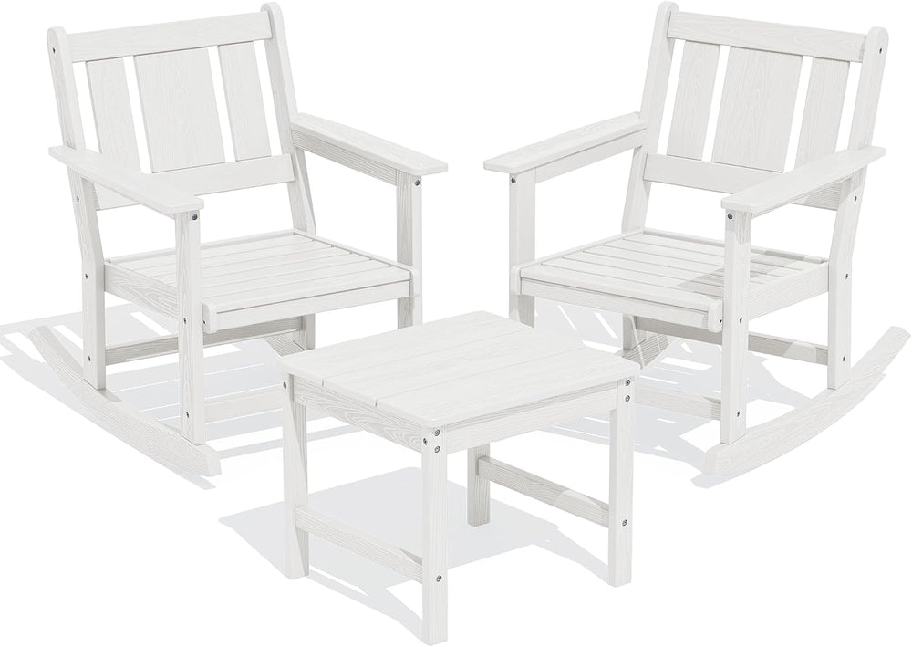 SERWALL 3-Piece Patio Furniture Set with 2 Rocking Chairs & Table, White
