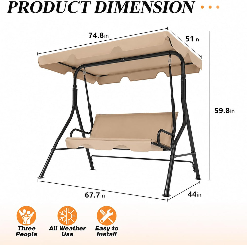 Garvee 3 Seat Outdoor Porch Swing with Adjustable Canopy, Patio Swing Chair w...