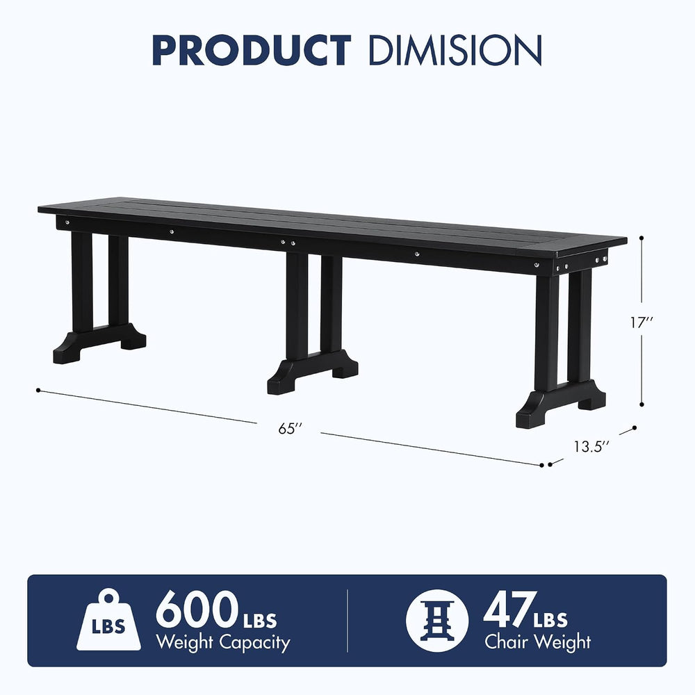 WO HOME FURNITURE 65" HDPE Outdoor Bench, 660 lbs Capacity, Black