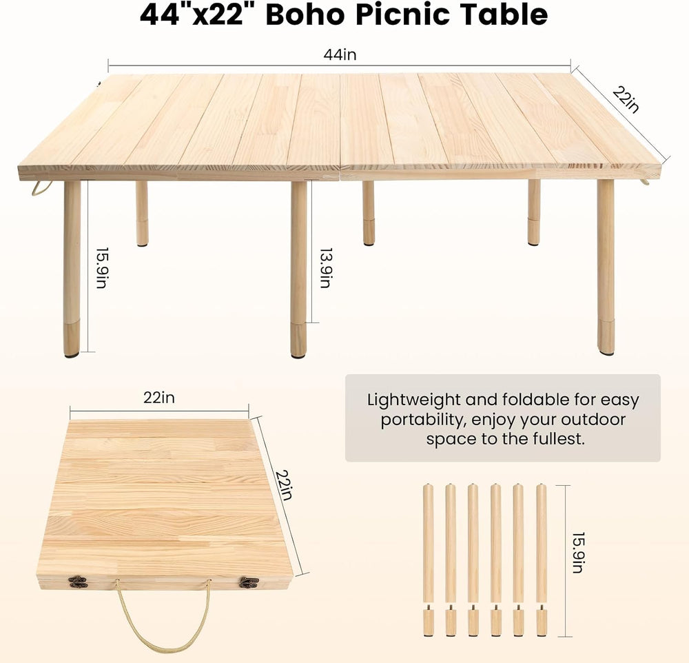 44" x 22" Boho Low Picnic Table, Folding Solid Wood Construction