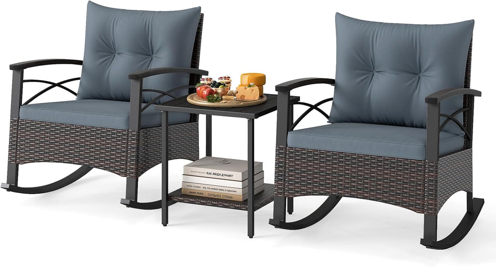 ORALNER 3-Piece Wicker Rocking Chair Set, Outdoor Cushioned Rocker and Acacia...