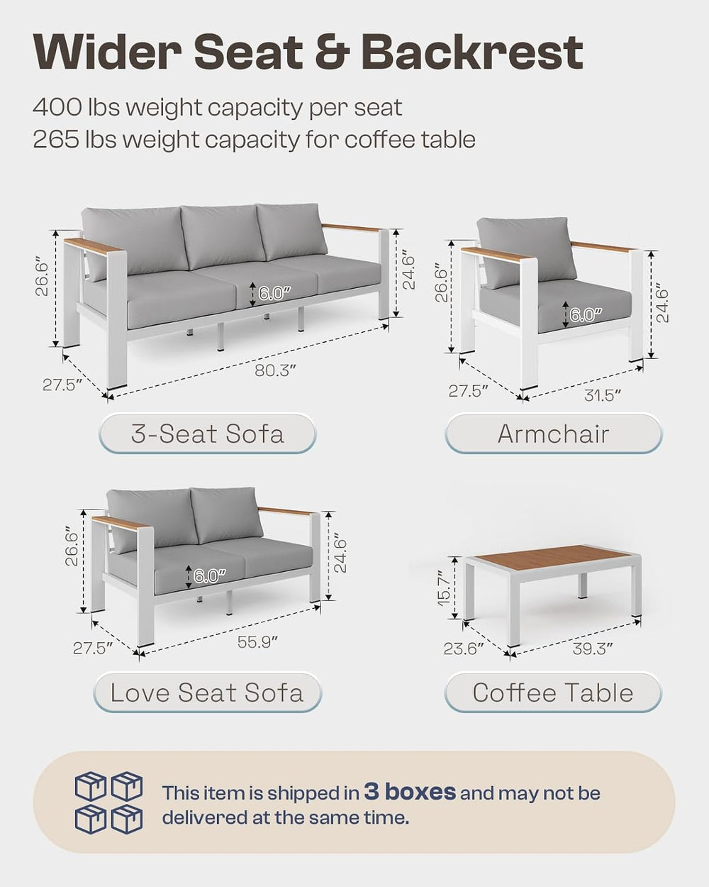 Aluminum Outdoor Patio Furniture, 3 Seats All-Weather Outdoor Patio Sofa with...