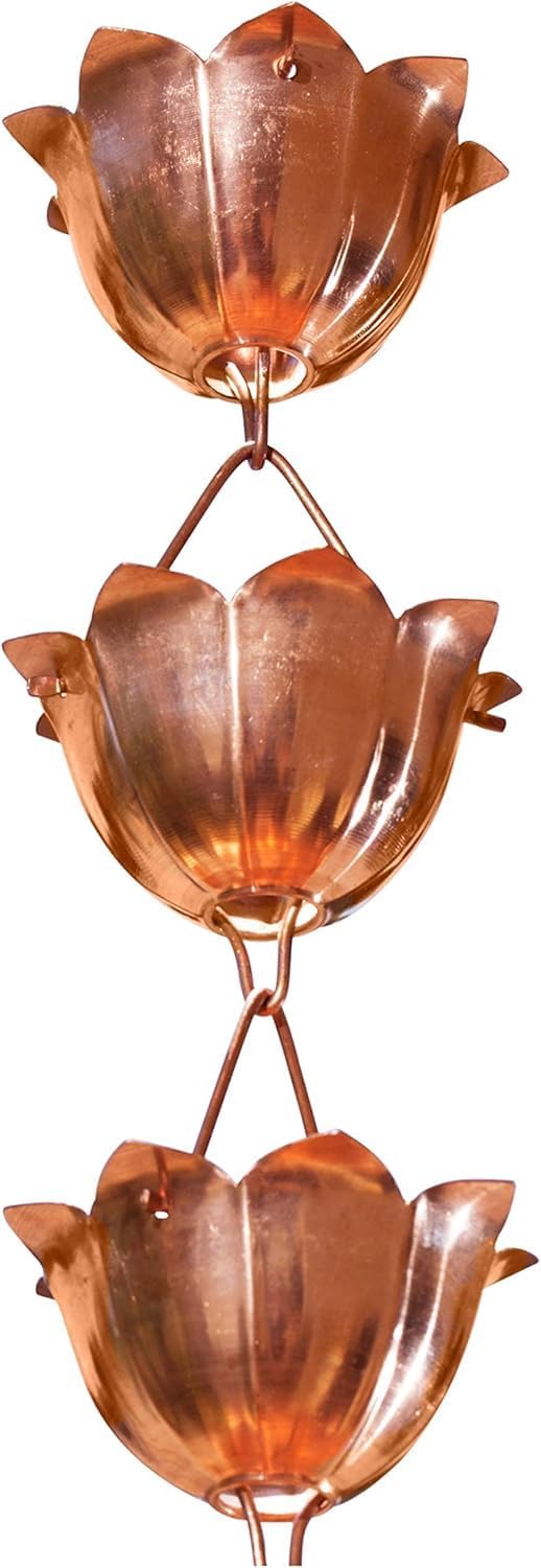 Monarch Rain Chains Pure Copper Lotus Cup Rain Chains for Gutters – 8.5 ft De...