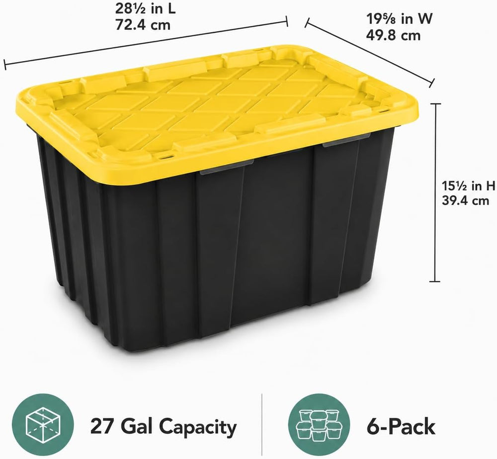 6-Pack 27Gal Stackable Storage Bins with Lids, Heavy Plastic, Black Yellow