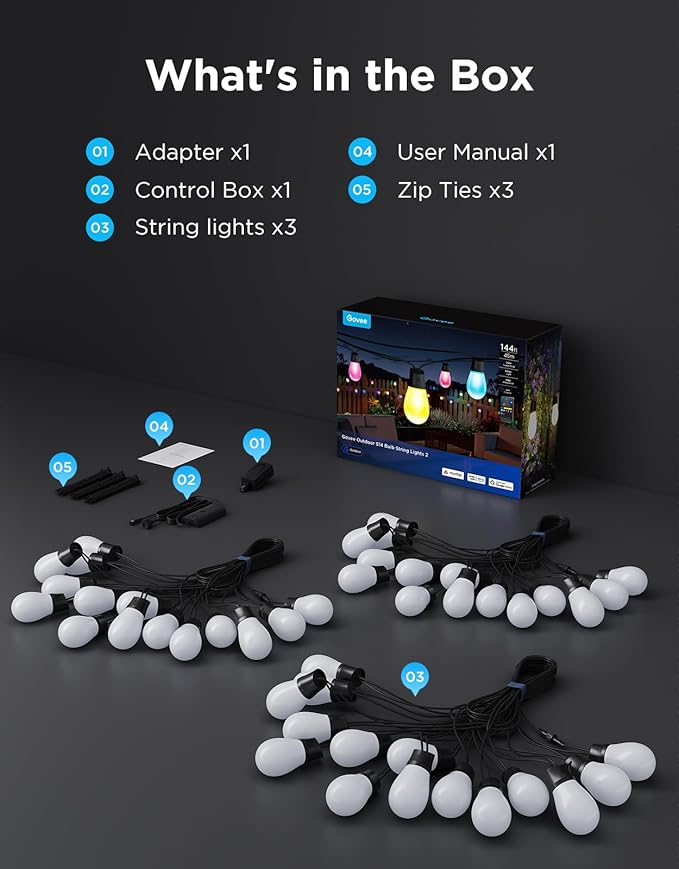 Govee S14 Bulb Outdoor String Lights 2, 144ft RGBIC Smart Warm White Outdoor ...