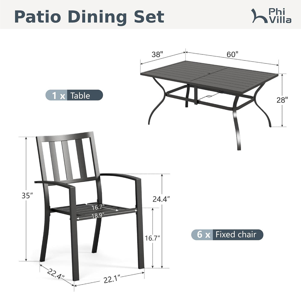 PHI VILLA 7 Pcs Outdoor Dining Set for 6, 60” Rectangular Metal Table