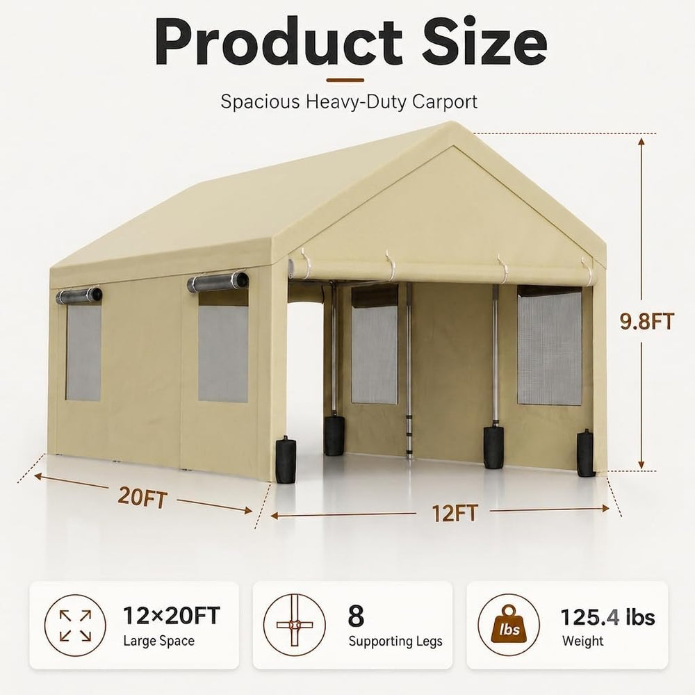 Nuturelly 12x20 Heavy Duty Carport, Portable Garage for Truck SUV, Khaki