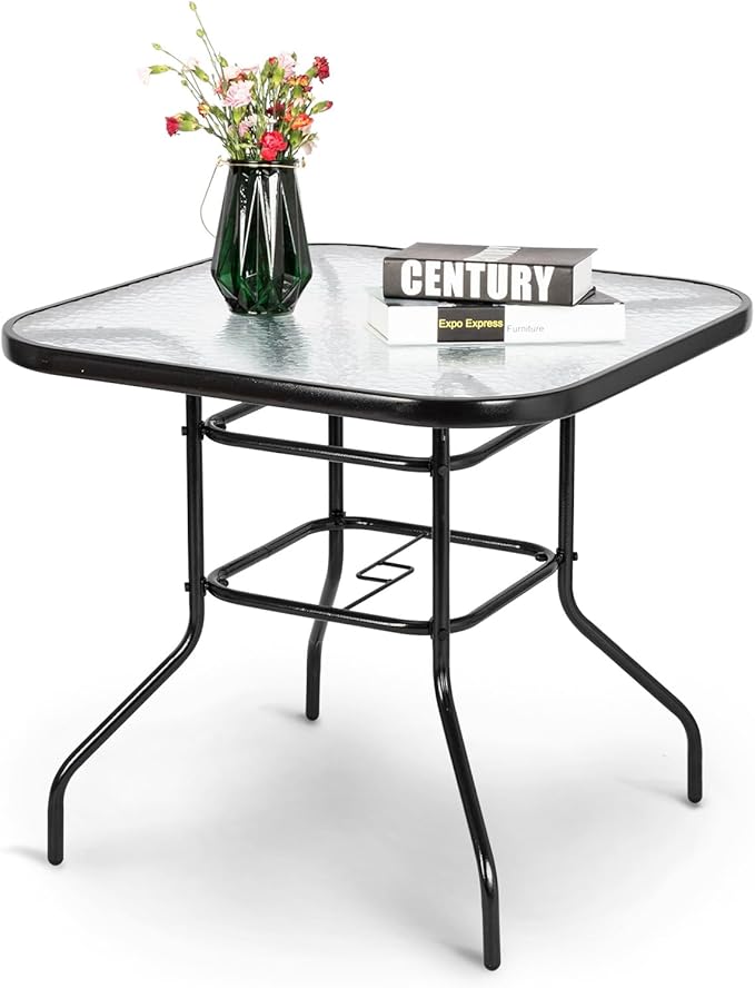 VINGLI Glass Patio Table with Umbrella Hole, 32" Square Outdoor Dining T...