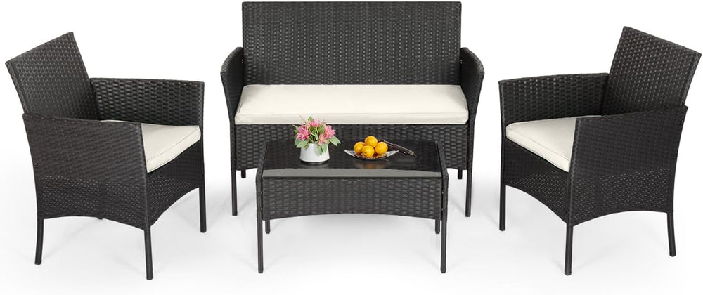 FDW 4-Piece Patio Furniture Set | Black | Outdoor Wicker Furniture