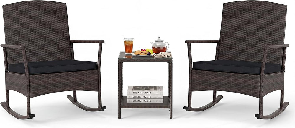 Tangkula 3-Piece Outdoor Bistro Set Wicker Rocking Chairs (Black)