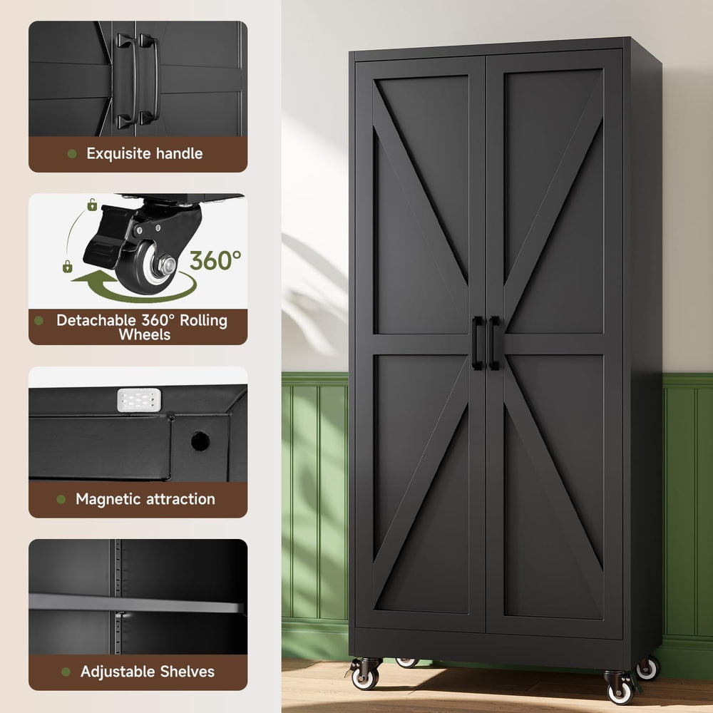 Letaya Metal Garage Storage Cabinets with Wheels,71”H Black Kitchen Pantry