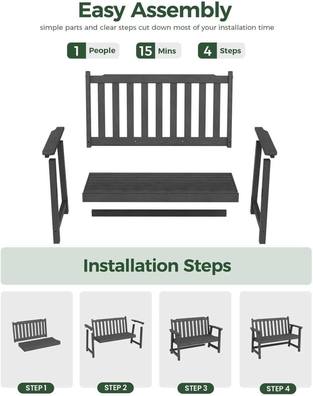 48" HDPE Weatherproof Outdoor Bench, Garden Porch Benches, Grey