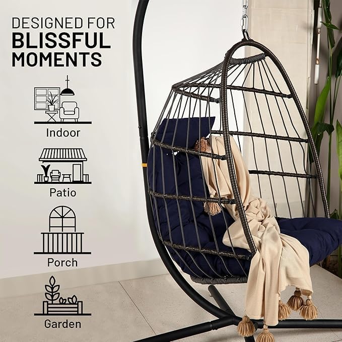 SereneLife Hanging Egg Chair with Stand - Wicker Rattan Swing