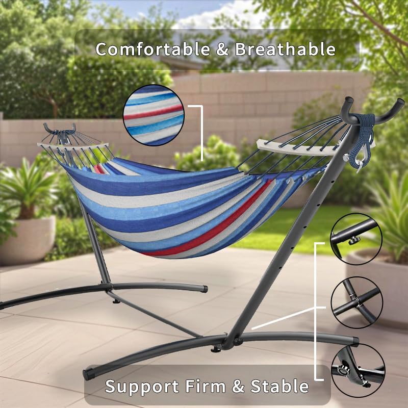 ANAGOO 2 Person Hammock with Stand, 500 lb Indoor Outdoor, Fine Blue