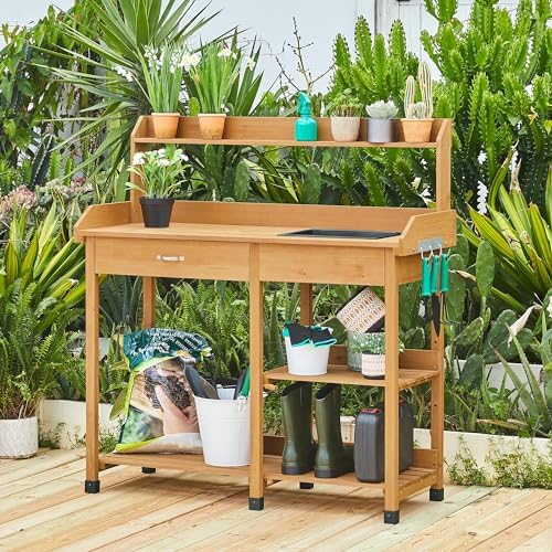 Yaheetech Potting Bench with Sink & Drawer, Outdoor Gardening Table, Wood